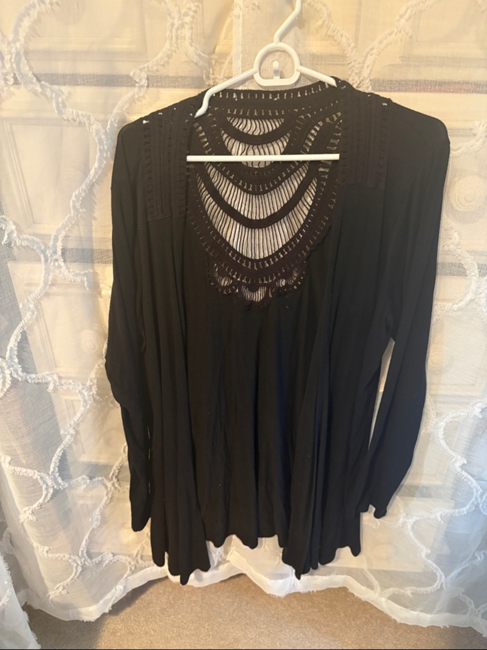 Black Long-Sleeve Crochet Yoke Tunic Top